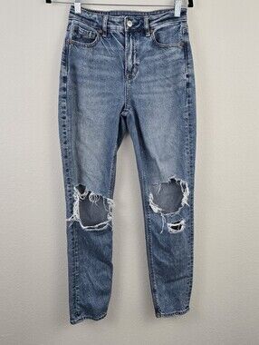 American Eagle Darkwash Strigid Distressed Mom Jean